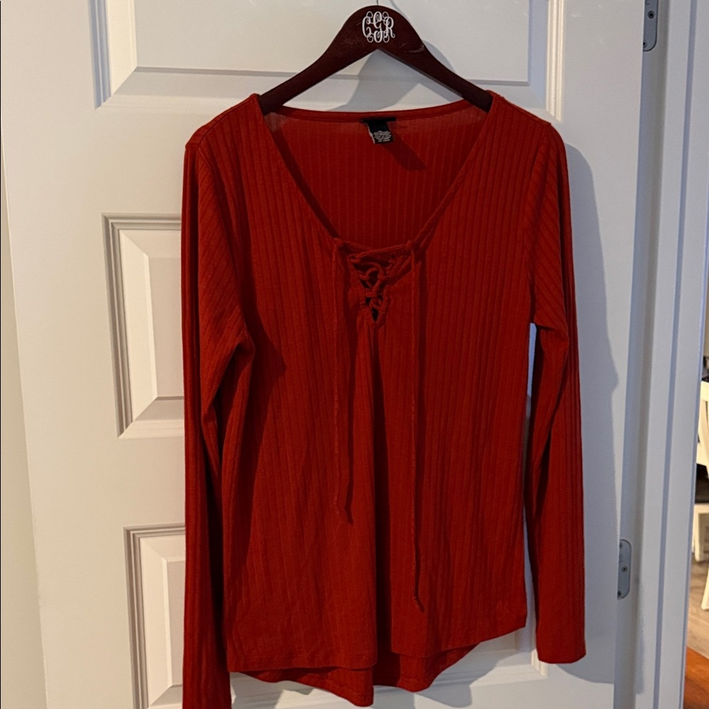 Rust Orange Lace-Up Women's Ribbed Long Sleeve Top Rue 21 XL